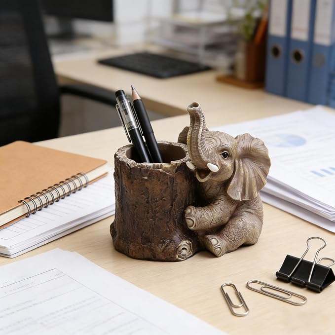 Hodao Resin Elephant Pen Holder, Cute Elephant Desk Organizer, Creative Animal Pen Cup for Office Desk Decor, Graduation Present, Gifts for Teacher Women Men Elephant Lovers