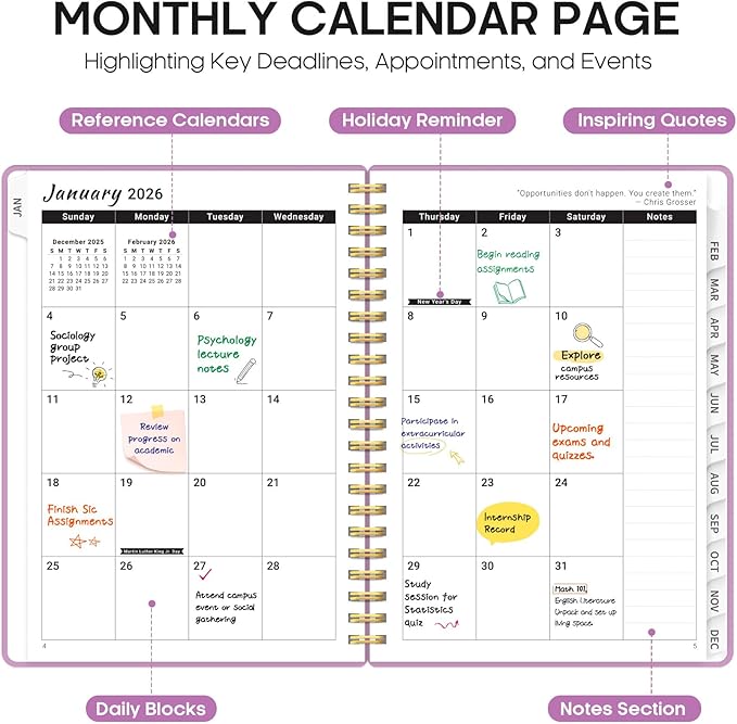 2026 Planner, Weekly and Monthly Calender Planner, Jan 2026 to Dec 2026, Hardcover 2026 Calendar Book with Tabs & Inner Pocket, Office Home School Supplies for Women & Men - A4 (8.5" x 11"), Boho Purple