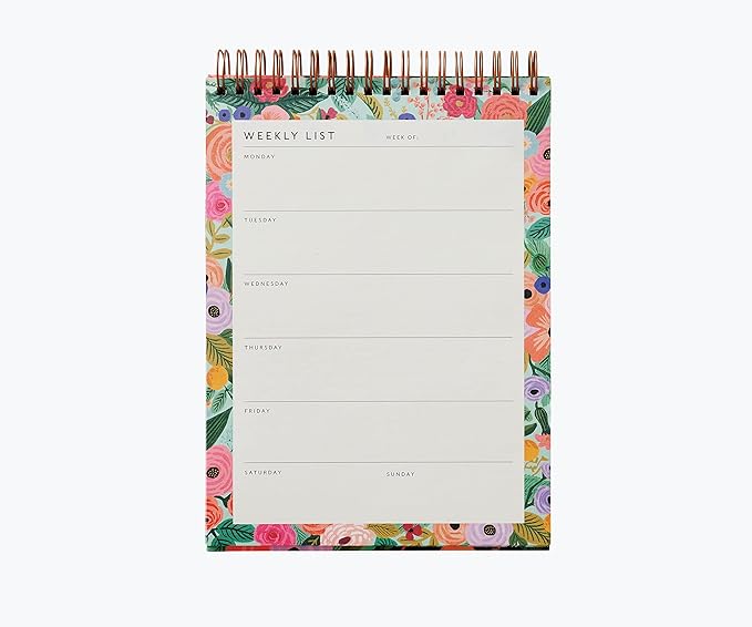 RIFLE PAPER CO. Garden Party Desktop Weekly Planner, 52 Undated Pages Printed Front and Back, Metallic Gold Foil and Spiral Bound, Printed in Full Color and Foil Stamped