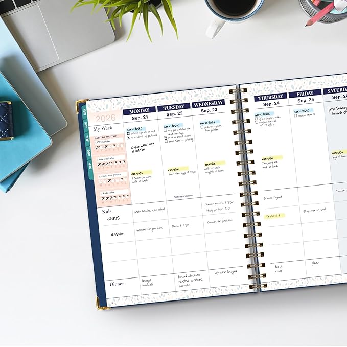 FAMILY PLANNER ORGANIZER – 8.5" x 11" Weekly & Monthly Calendar (May 2026-Jun 2026). 5+ People, Meal Planning, Budgeting, Habit Tracker – Hardcover, Household Schedule Organizer for Parents, Kids, & Caregivers (Navy Gold Numbers)