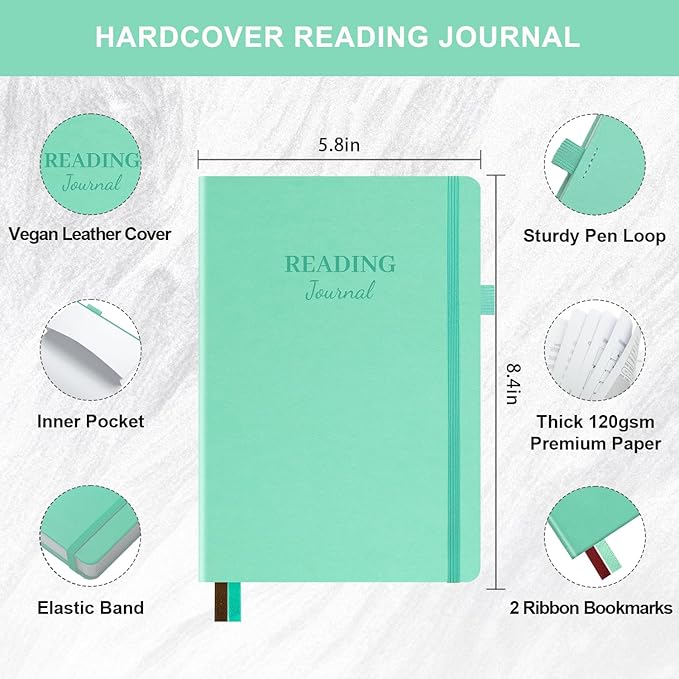 Reading Journal with 104 Book Reviews, Book Journal for Books Lovers & Readers - Review and Track Your Reading Progress, Reading Log Notebook Gift, A5, Mint Green