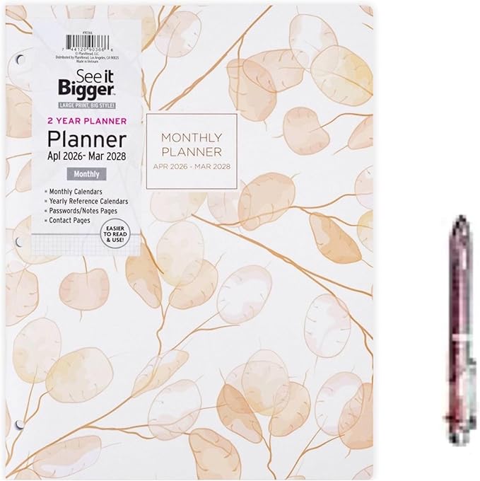 PlanAhead See it Bigger Home/Office 2-Year Monthly Planner April 2026 - March 2028 Specialized Large Print, Size 8.5'' X 11'', assorted colors and 6 in 1 Multicolor Ballpoint Colorful Ink Pen.