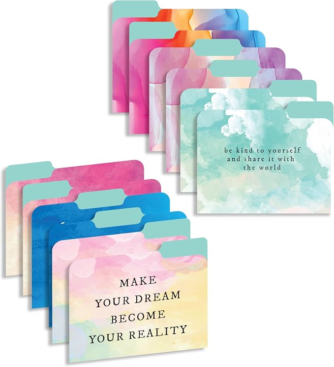 Decorative File Folders 1/3 Cut Tab, 12 Pack 6 Design, Heavyweight Laminated Letter Size (9.5” x 11.5”), Stylish Fashion File Folders for Home, Office & School Organization (Water Color)