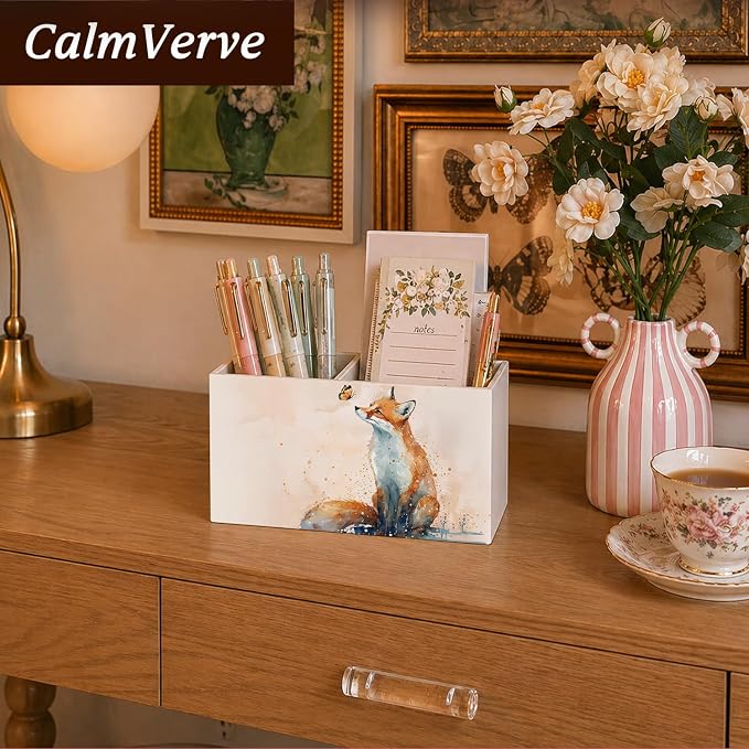 Fox Pen Pencil Holder for Desk Fox Gifts for Women，Animal Lovers Gifts， Rustic Butterfly Animal Wooden Box Sign Decorations for Kids Room Home Office Desk Tabletop