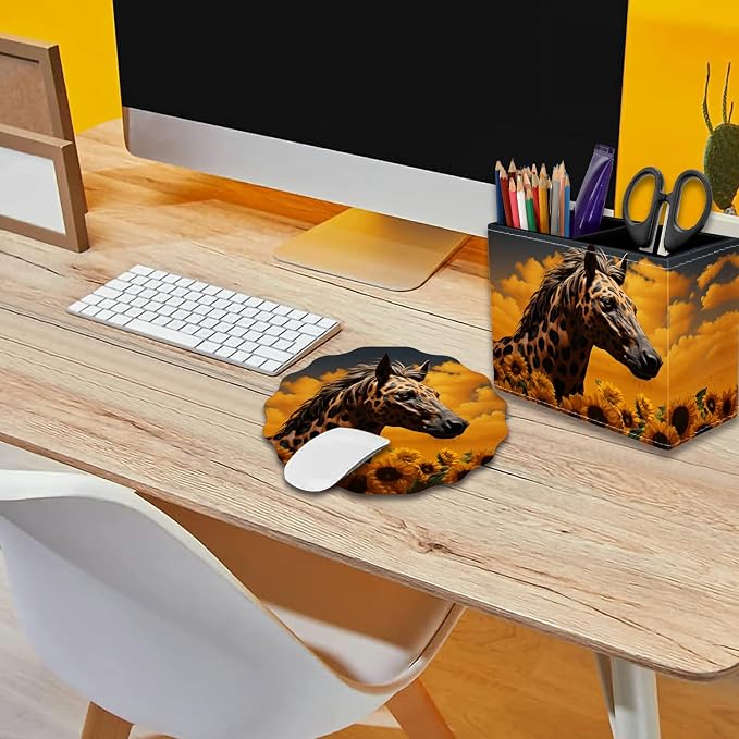 Pen Holder for Desk, PU Leather Multifunctional Desktop Storage Box and Anti-Slip Mouse Pad Set, Makeup Brush Holder Pen Organizer for Office and Home - Horse Leopard Print Sunflower
