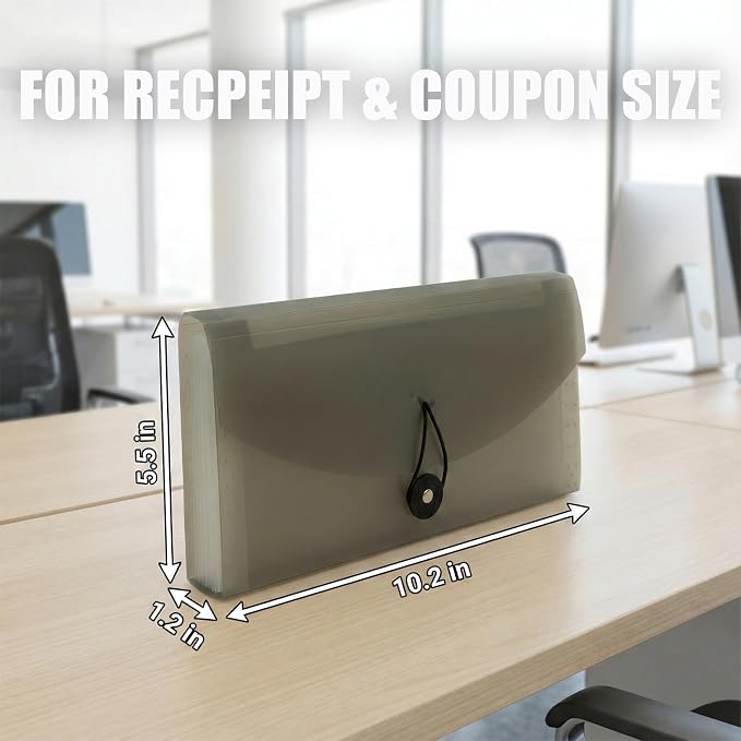 Portable 13-Pocket Receipt & Coupon Organizer, Small Expanding Accordion File Folder with Labels, Long Ticket Size Holder for Bills, Checks, and Travel Documents (10.2" x 5.5"), Black