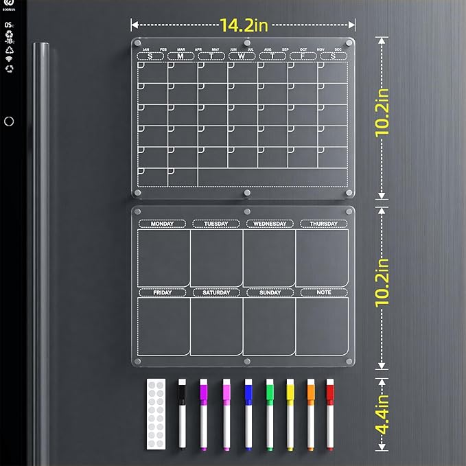 Acrylic Fridge Calendar, Magnetic Calendar for Refrigerator with 8 Colorful Markers, Clear Dry Erase Board Reusable Planning Set for Important Events, (Monthly Planner+Weekly Planner)