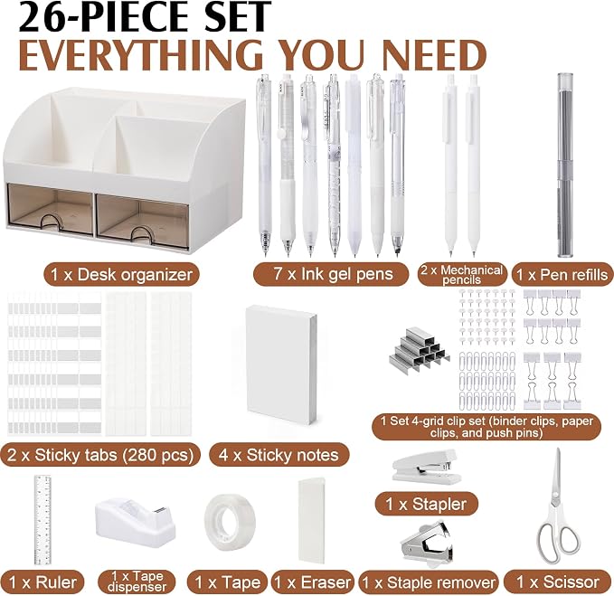 Eersida Office Desk Accessories Supplies, 26 Pcs Desk Organizer with Tape Dispenser, Stapler, Staple, Staple Remover, Scissor, Ruler, Sticky Tabs, Tape, Ballpoint Pen, Pencil, Clips for School(White)