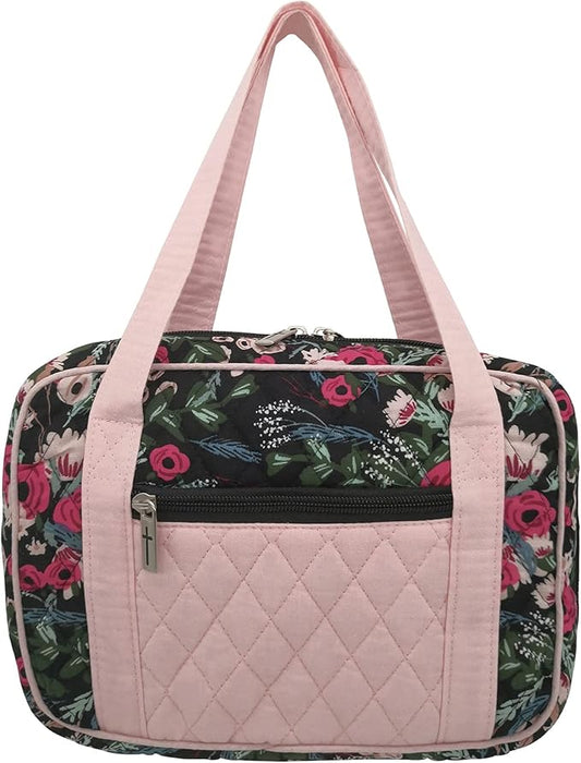DIWI Quilted Bible Cover Extra Large Sizes 11.25 X 8.25 X 2.75 Inches Bible Tote Good Book Case (XL, C2 Jungle Pink) Flowers