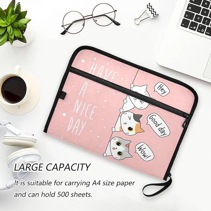 Kawaii Cats Pink Expanding File Folder with Sticky Labels, 13 Pockets Accordion File Folder Document Organizer Expandable Zip File Folder with Zipper Closure