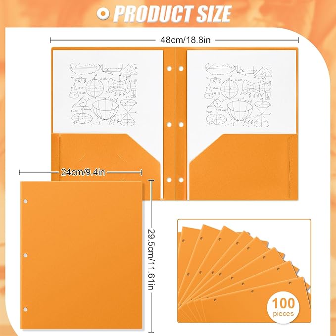 Yeaqee 100 Pcs Plastic Folders with Pockets Bulk 3 Hole Punched 2 Pocket File Folders for 3 Ring Binder Divider Folder for Notebooks, Durable Poly for Office Home (Orange)