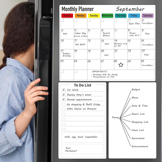 ZazzyKid Magnetic Dry Erase Calendar for Fridge: Pack of 3-14.6” x 11.6” Magnetic Monthly Planner + 7.3” x 11.6” To Do List Pad & Fridge Whiteboard
