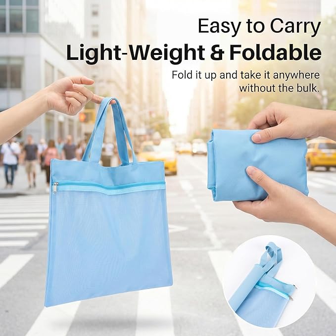 Mesh Zipper Pouch with Handle - 11 x 13.7 Inch Reusable Double Pocket Zipper Pouch, Foldable Nylon File Bag, Large Capacity Lightweight Document Storage for Puzzles Books Office Travel Shopping, Blue