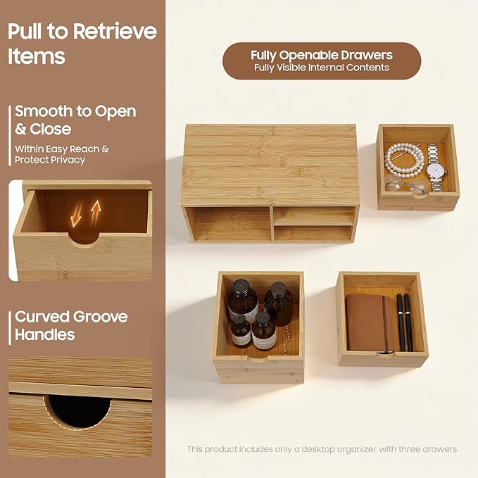 Desk Organizer, Office Vanity Bamboo Desk Organizer, Mini Bamboo Desk Drawer Tabletop Storage Box with 3 Drawer Night Stand Table Organizer for Makeup Vanity Office Supplies (3 Drawer, 1 Left+2 Right)
