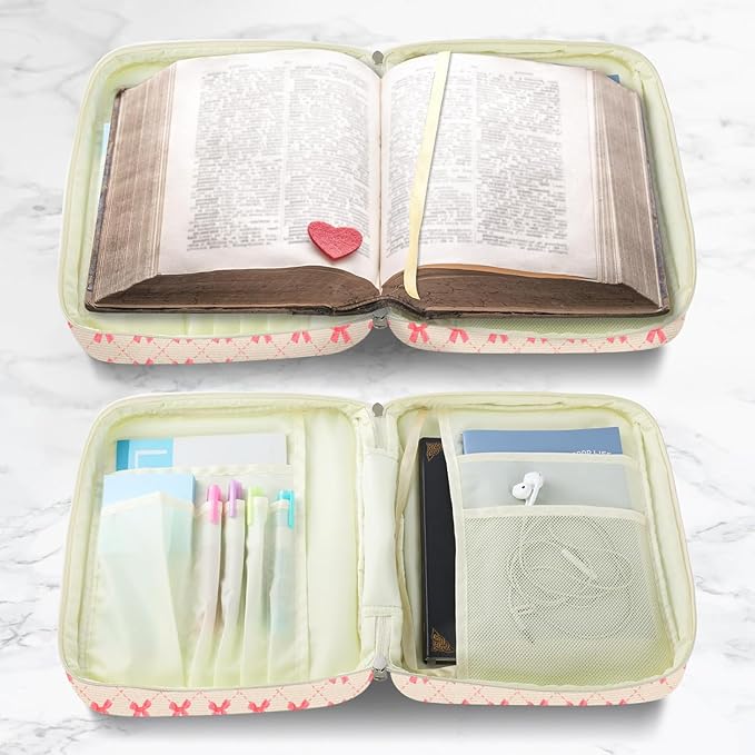 WOBAGMEN Bible Cover Case for Women,Cordoury Bible Cover with Handle,Bow Bible Book Cover,Carrying Case Bible Protective Christian Gift(zhengqi Bow, M)