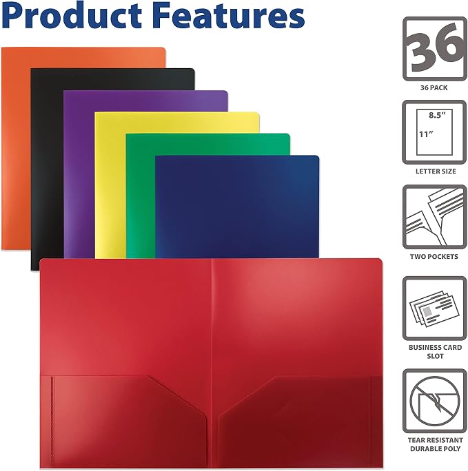 Better Office Products Poly 2 Pocket Folders Heavyweight, 36 Piece