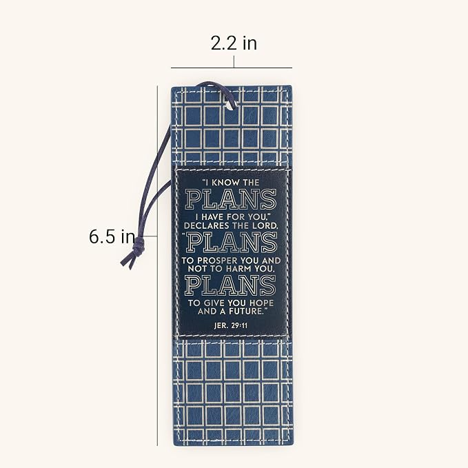 Christian Art Gifts Premium Vegan Leather Encouraging Scripture Bookmark for Graduates: I Know the Plans Inspriational Scripture, Sturdy Cord, Durable Book Reading Accessory, Navy Blue & Gold Plaid