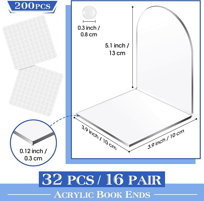 Leinuosen 32 Pcs Acrylic Clear Book Ends with Silicone Pad Non Skid Book Holders Arch Shape Heavy Duty Bookends Stoppers for Movies, CDs, Video Games (Clear)