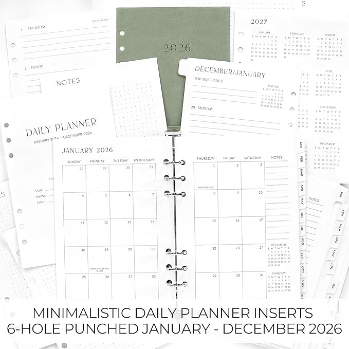 Beautiful 2026 Daily Planner Inserts for 6 Ring Binders – Durable A5 Paper Refill Set 5.5" x 8.3" - Refills Incl. Tabs & Monthly Calendar Spreads - From January 2026 - December 2026