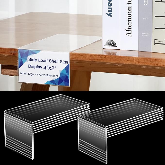 Feifeiya 12 Pcs Acrylic Library Moveable Shelf Label Holders Bulk Talker 4" x 2" Clear Shelf Display Markers Retail Label Tags for Office Home Classroom Office Book Shelve