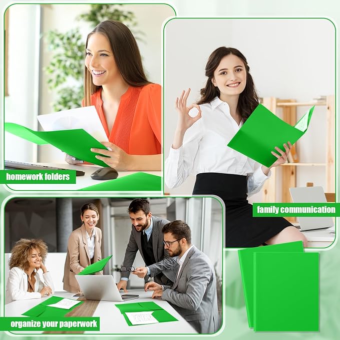 Gueevin 100 Pack Plastic Folder with Pockets, 2 Pocket Folders, Plastic Glossy Folders Fit Letter Size Paper, Heavy Duty Durable File Folder with Business Card for Home Office School (Fresh Green)