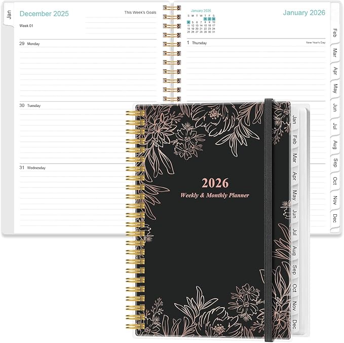 2026 Planner - Weekly Monthly Planner Spiral Bound from January 2026 to December 2026, Planner 2026 with 12 Monthly Tabs, Inner Pocket, Elastic Closure, Black Flowers
