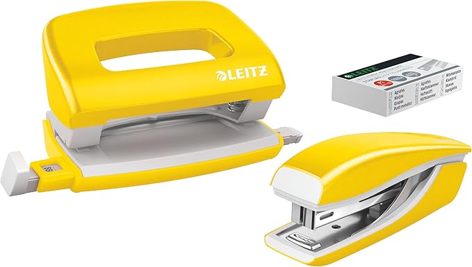 Leitz 55612016 Mini Stapler and Hole Punch Set, Staple or Punch Up to 10 Sheets, Includes P2 N°10 Staples, Wow Range, Yellow