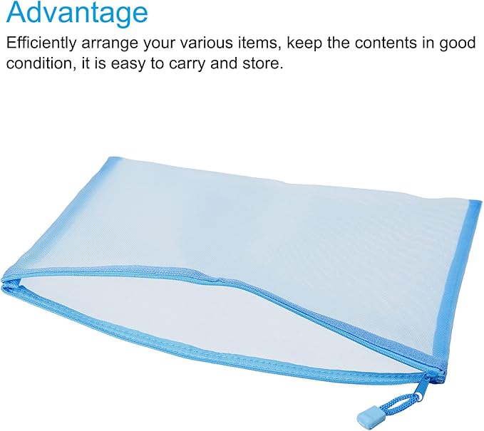 MECCANIXITY Mesh Zipper Bags, A4 Nylon Zip Pouch Pencil Case Storage Pockets for Travel Office Accessories, Sky Blue Pack of 6