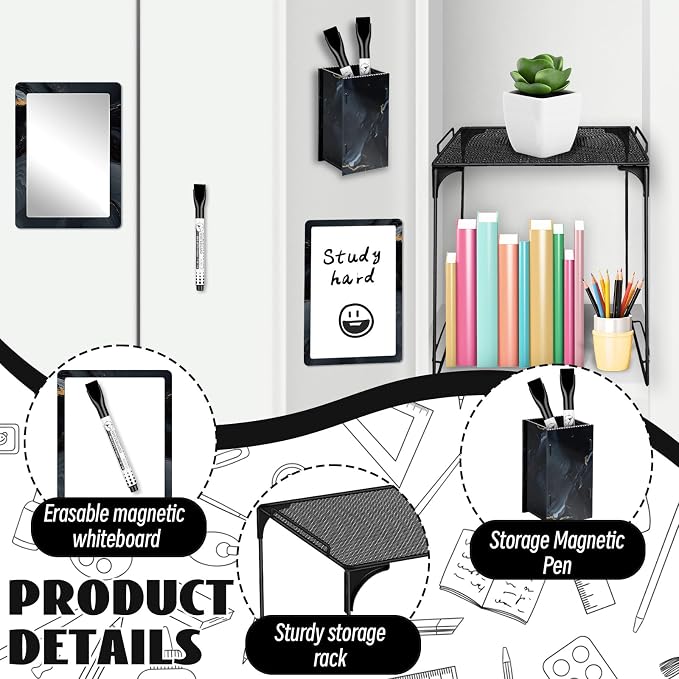 Demonwer 9 Pcs Locker Accessories Kit Black Locker Organizer Magnetic Whiteboard Mirror Pen Holder Pen for Storage Organizing Shelf Back to School Party Supply