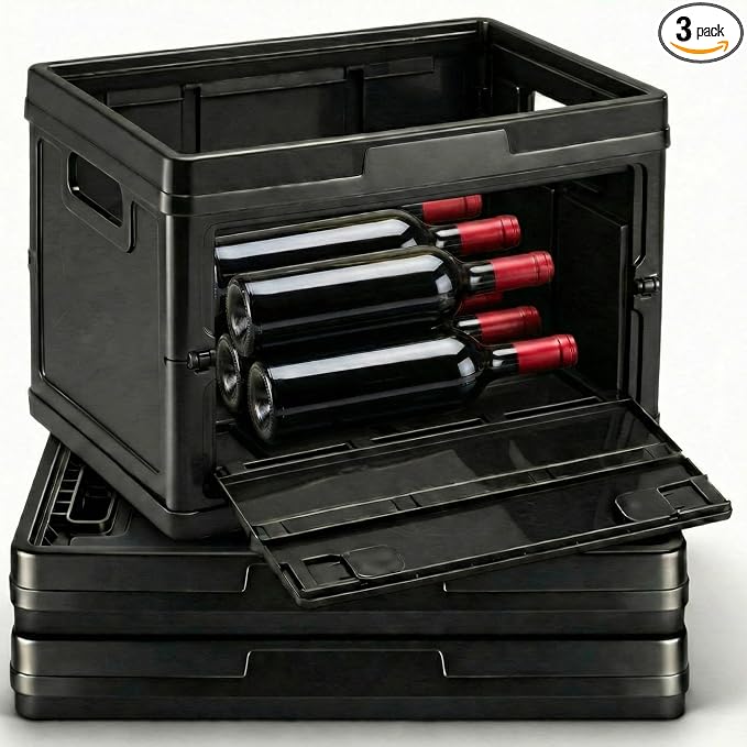 3 Pcs Winebox Storage Crate Stackable Flexible Wine Storages Solution Front and Rear Access Door Separate Wines Storage Crates Wine Collector, Holds 9 Standard Bottles Per Crate (Black)