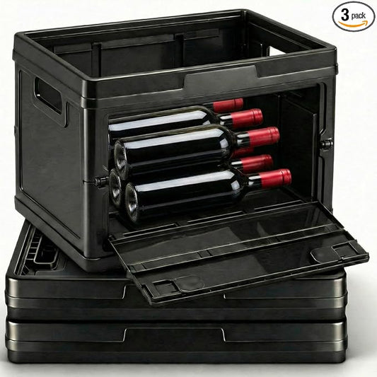 3 Pcs Winebox Storage Crate Stackable Flexible Wine Storages Solution Front and Rear Access Door Separate Wines Storage Crates Wine Collector, Holds 9 Standard Bottles Per Crate (Black)