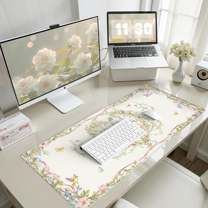 HAOCOO Floral Bow Desk Mat, Cute Keyboard Mat for Desk, XXL Mouse Pad with Non-Slip Base, Waterproof Computer Mat for Office Decor & Accessories, Girly Desk Organizers for Home