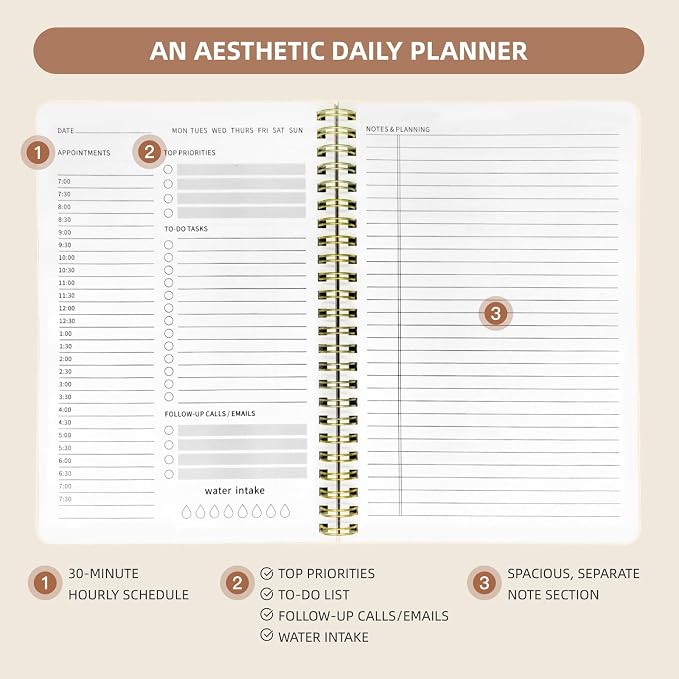 Undated Daily Planner - Spiral Notebook 80 Days One Day Per Page, Hourly Schedule, To-Do List, Notes, Everyday Planning Task, A5 Hardcover Journal Organizer Book Women Cute, White Flower