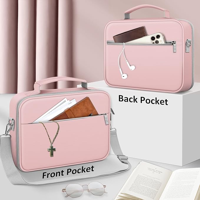 FINPAC Large Bible Cover w/Shoulder Strap, Carrying Book Case Church Bag Bible Protective w/Pen Slots and Zippered Pocket, Gift for Women Lady, Light Pink