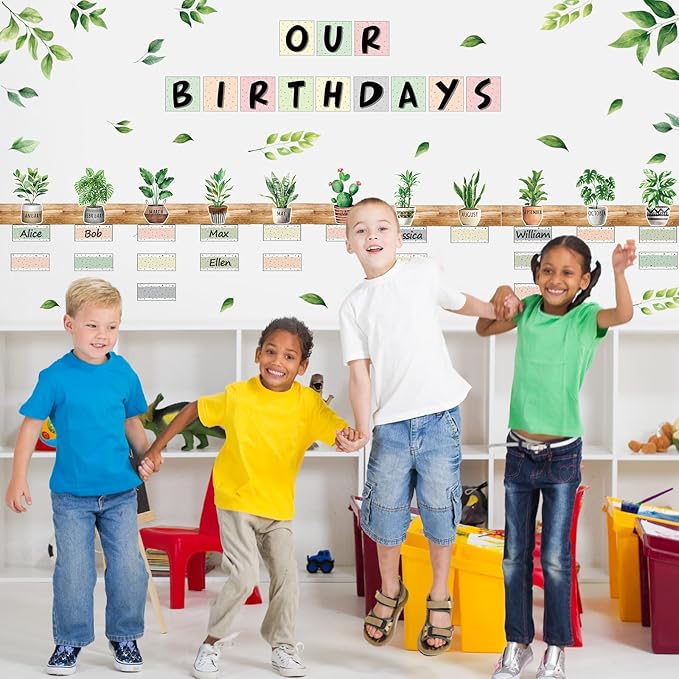FYSUIMU 84 Pcs Birthday Bulletin Board Decoration Set Boho Plant Leaves Birthday Bulletin Board Border Greenery Paper Cutouts for Back to School Classroom Month Calendar Preschool Chalkboard Supplies