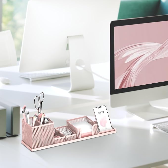 SUPEASY Pen Holder for Desk, 6 Piece Mesh Desk Organizer set for Office Organization with Mail Organizer, Letter Phone Holder, Sticky Notes Caddy Storage, Pink