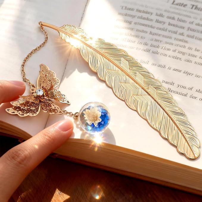 Teacher Retirement Gifts - Metal Feather Bookmark with 3D Butterfly & Real Dried Flower Pendant - Bookmark for Women & Book Lovers Under 10 Dollars - Gift Box Included