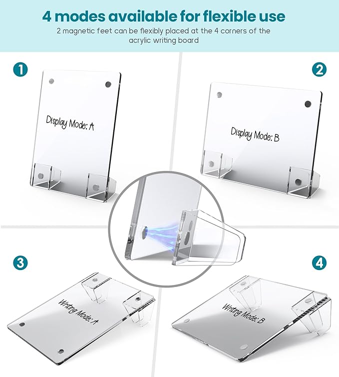 Clear Acrylic White Board 8x6 Inches, Frameless Desktop Dry Erase Board with Flexible Magnetic Stand and Markers, Mini Whiteboard Desk Accessories for Women, Home, Office, School