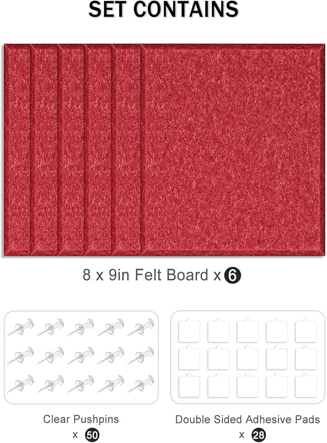 Hsurbtra Cork Board for Wall 24 x 18 Inch, 6 Pack Felt Bulletin Notice Board with Pushpins for Office Home School Farmhouse Wall Decor, Red