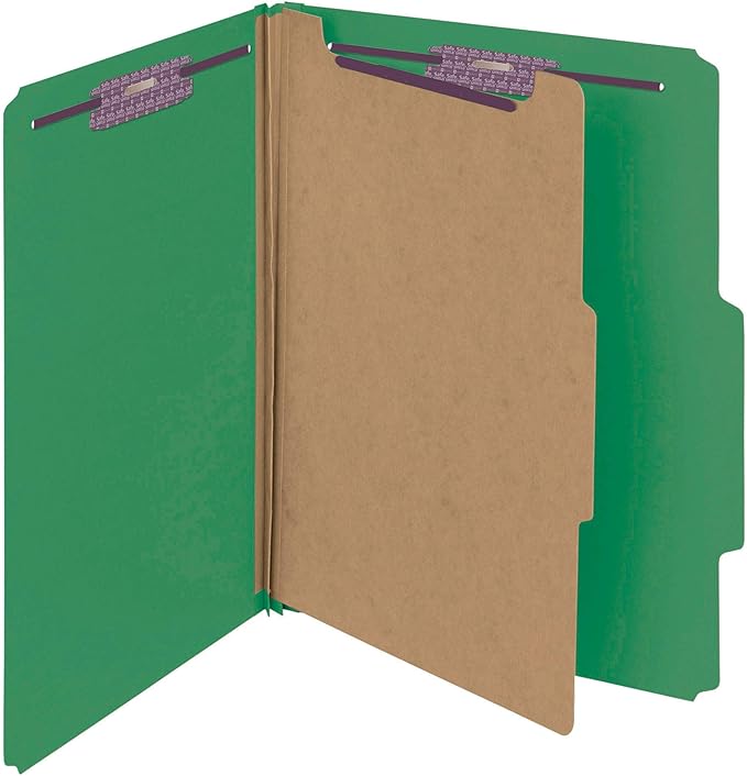 Smead Pressboard Classification File Folder with SafeSHIELD Fasteners, 1 Divider, 2" Expansion, Letter Size, Green, 10 per Box (13733) (Pack of 1)