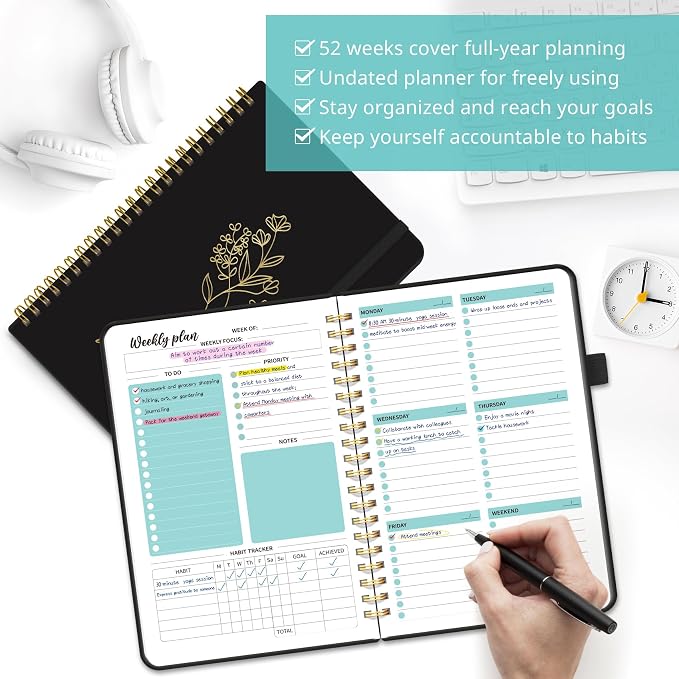 Taja Undated Weekly Planner, Weekly To Do List Notebook with Goal & Habit Tracker Organizer, A5 Weekly Planner Notebook with Spiral Binding, 6.1" x 8.2" - Black