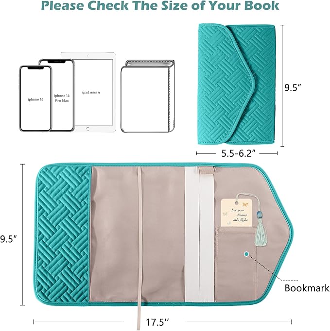 Aplufine Reusable Book Cover with Magnet Closure - Adjustable Book Sleeve for Book Lovers Gift - Book Protector for Paperback -Book Covers for Hardcover - Book Pouch - Book Carrier Teal AM491