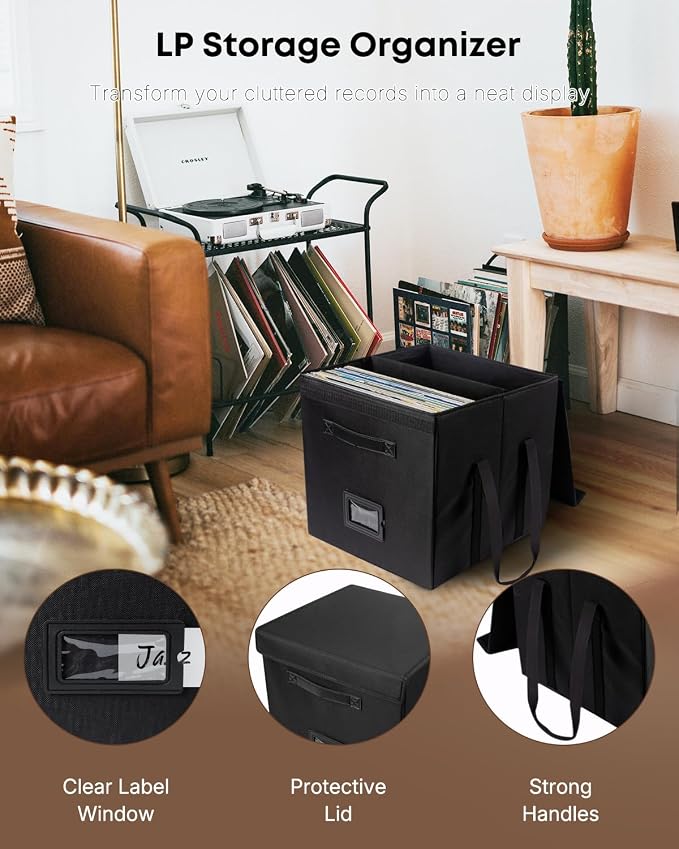 Uniclife 2 Pack Vinyl Record Storage Box, Collapsible LP Storage Organizer with Lid & Handles, Splash-Resistant Album Storage Crate for 120 Single Records (12"), Vinyl Record Holder, 13" × 13" × 13"