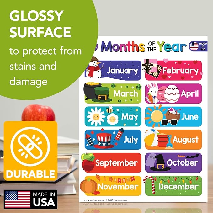 12 Months of the Year Chart for Preschool to Grade 1 Kids – Colorful Educational Visual/Learning Aid Poster Decoration for Classroom or Home | Glossy Durable Cardstock | 8.5" x 11" | 5 per Pack