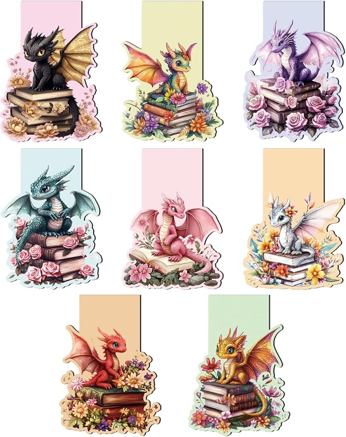 Fantasy Dragon Magnetic Bookmarks - 8 PCs Funny Book Flower Marks for Reading Lovers Men Magnets Cool Unique Aesthetic Page Clip Gifts for Women Kids Novel Fans Boys Student Teacher School