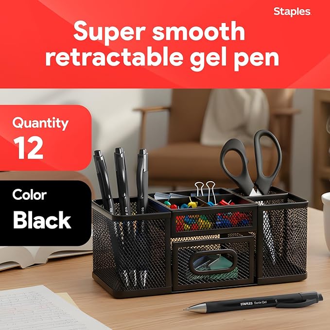 STAPLES Retractable Gel Pens, Medium Point 0.7mm, Black Ink, 12 Pack – Sonix Crisp‑Line Gel Pens with Pocket Clip