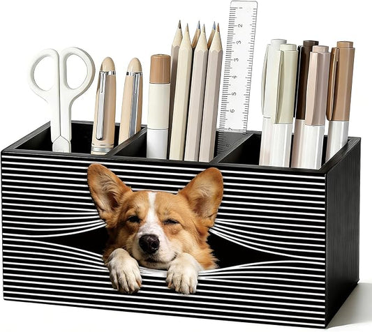 Funny Corgi Pen Pencil Holder for Desk, Corgi Lovers Gifts for Women Men, Dog Mom Lovers Gifts, Dog Office Decor Wooden Box Sign Decorations for Home Office Bedroom Desk Tabletop
