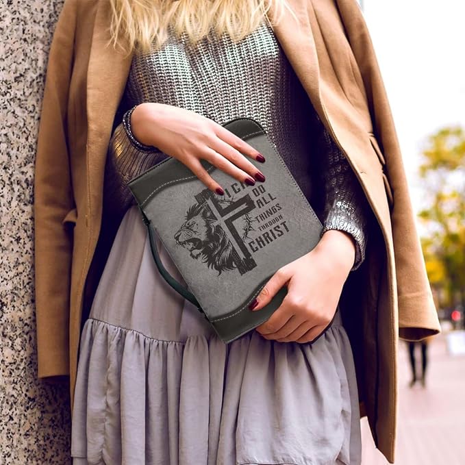 Vintage Cross and Lion Bible Case with Bookmark Waterproof Bible Cover Case for Women Lightweight Bible Bag with Handle Pockets Church Book Bag Grey