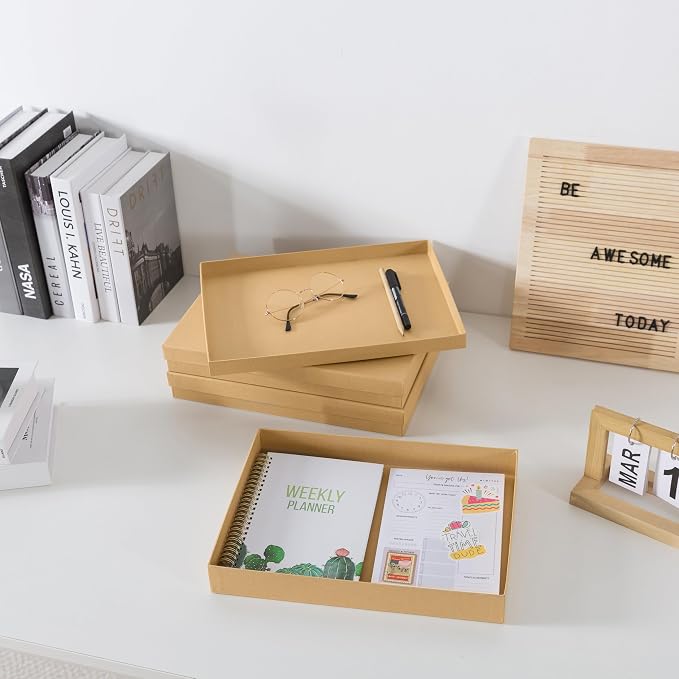 Soul & Lane Document Storage Boxes - Set of 3 (13.2" x 9.8" x 1.8"), Versatile Photo & Craft Organizer for Home Office, Stackable Cardboard Storage for Letters, Papers, Files & Memorabilia, Kraft