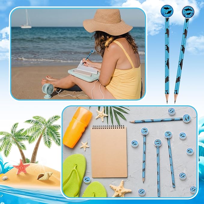 32 Pcs Summer Shark Pencil with Eraser Party Favors Gifts Shark Pen Goodie Bag Filler Under the Sea Theme Stationery Set for School Classrooms Exchange Reward Prize Home Office School Supplies
